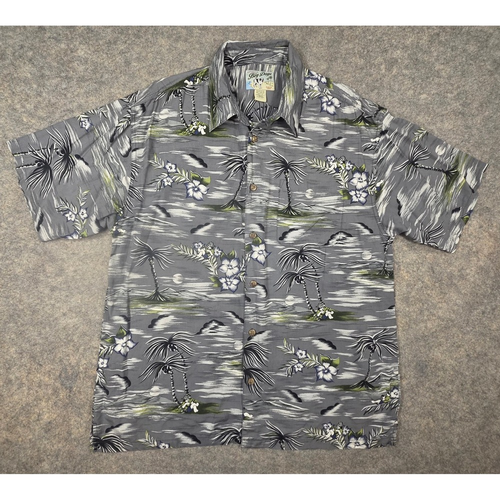 Vintage 90s Big Dogs Mens Large Rayon Tropical Palm Tree Button Down Shirt Grey